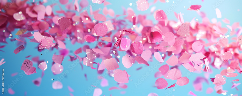 Radiant pink confetti pieces of different hues cascading in front of a pure blue background, sparkling vividly.