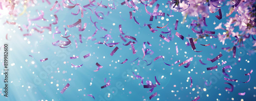 Radiant lavender confetti falling gently against a bright blue background, twinkling as they descend.