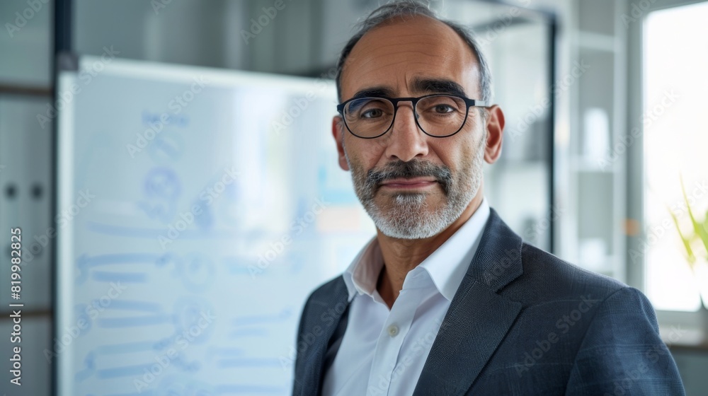 A man in a suit with glasses and a beard standing in front of a whiteboard with blue writing in a professional setting.