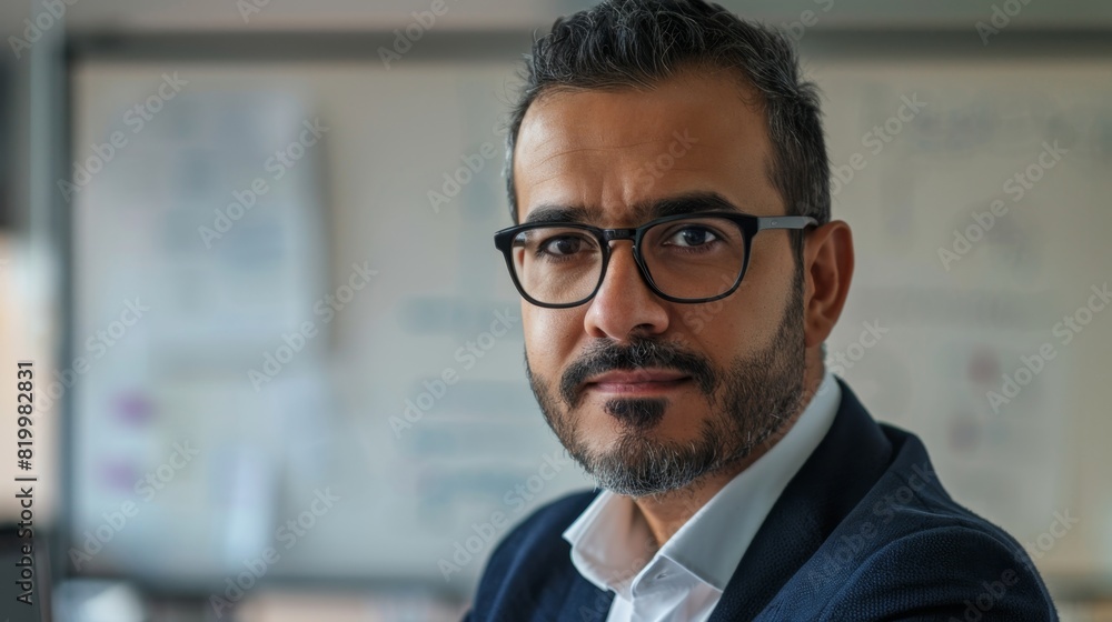 A man with a beard and glasses wearing a suit looking thoughtful in an office setting. A man with a beard and glasses wearing a suit looking thoughtful in an office setting.