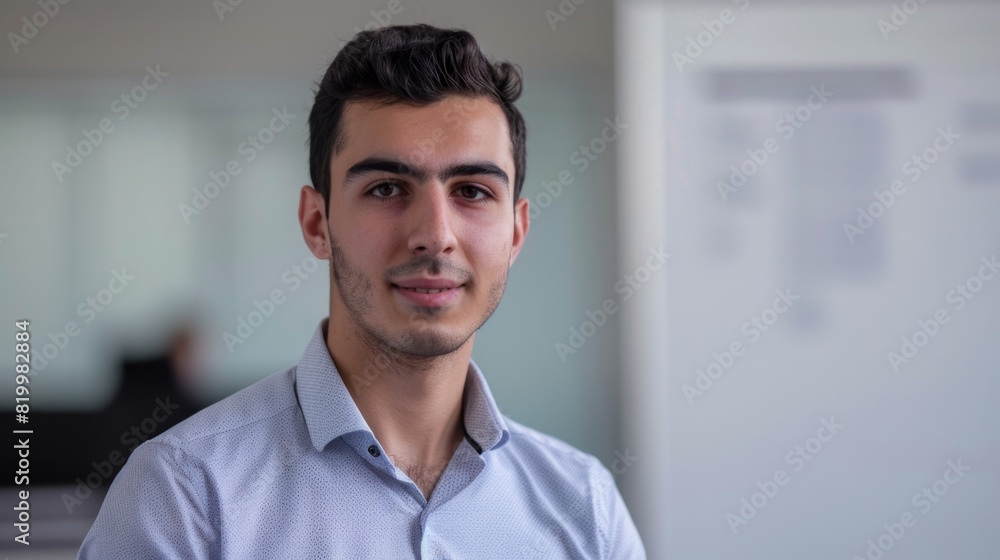Young man with short dark hair wearing a light blue collared shirt smiling slightly standing in an office environment with a blurred background. Young man with short dark hair wearing a light blue collared shirt smiling slightly standing in an office environment with a blurred background.