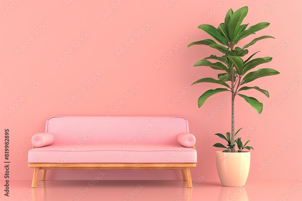Tranquil pink sofa and green plant interior scene Tranquil pink sofa and green plant interior scene