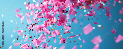 Radiant pink confetti pieces of different hues cascading in front of a pure blue background, sparkling vividly. © muhammad