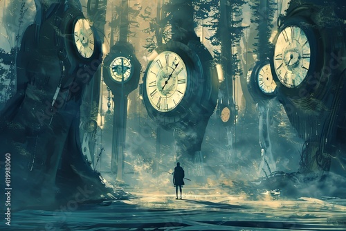 A man standing in front of a forest where trees are replaced with various sizes and shapes of clocks photo