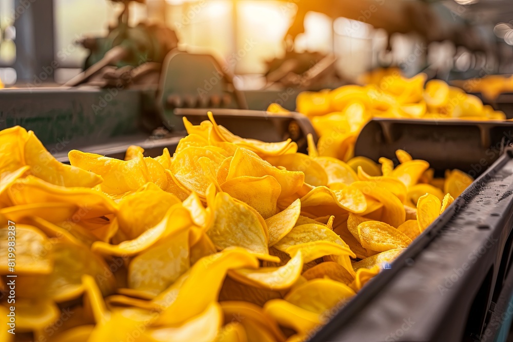 Industrial abundance of crispy yellow potato chips on conveyor belt Industrial abundance of crispy yellow potato chips on conveyor belt
