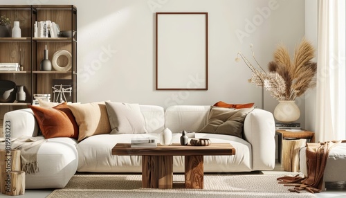 A stylish blank podium showcase in a living room setting with a white sofa and plush pillows The podium is in the center photo