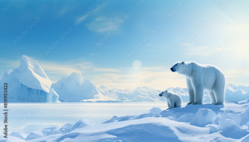 Mother and baby polar bears relax walks in extreme winter weather, polar bears family standing above snow with a view of the frost mountains Mother and baby polar bears relax walks in extreme winter weather, polar bears family standing above snow with a view of the frost mountains