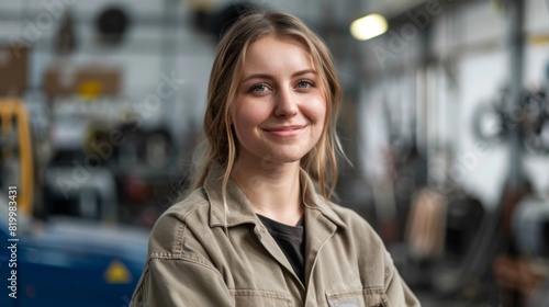 Young woman with blonde hair smiling wearing a tan work jacket standing in a workshop with blurred background of tools and machinery.