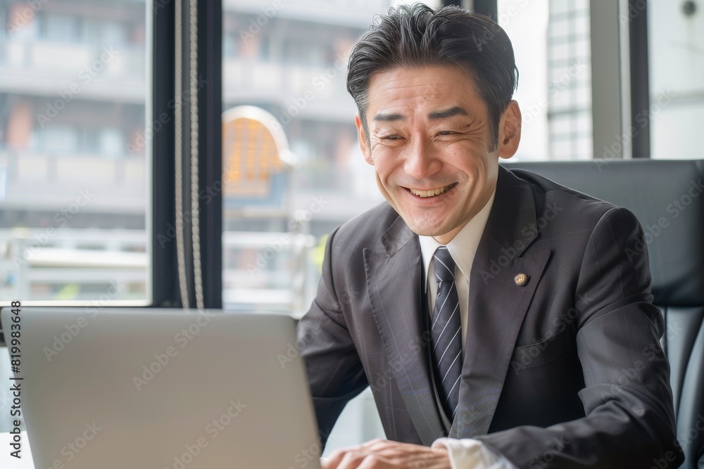 パソコンに向かって笑うシニアの日本人男性(打ち合わせ・商談・リモート会議) パソコンに向かって笑うシニアの日本人男性(打ち合わせ・商談・リモート会議)