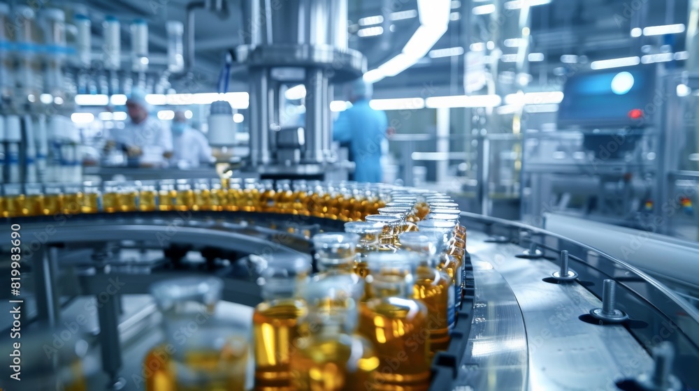 See the hightech automated bottling line in a modern factory with advanced industrial technology. The clean manufacturing process shows efficiency and innovation in bottle production