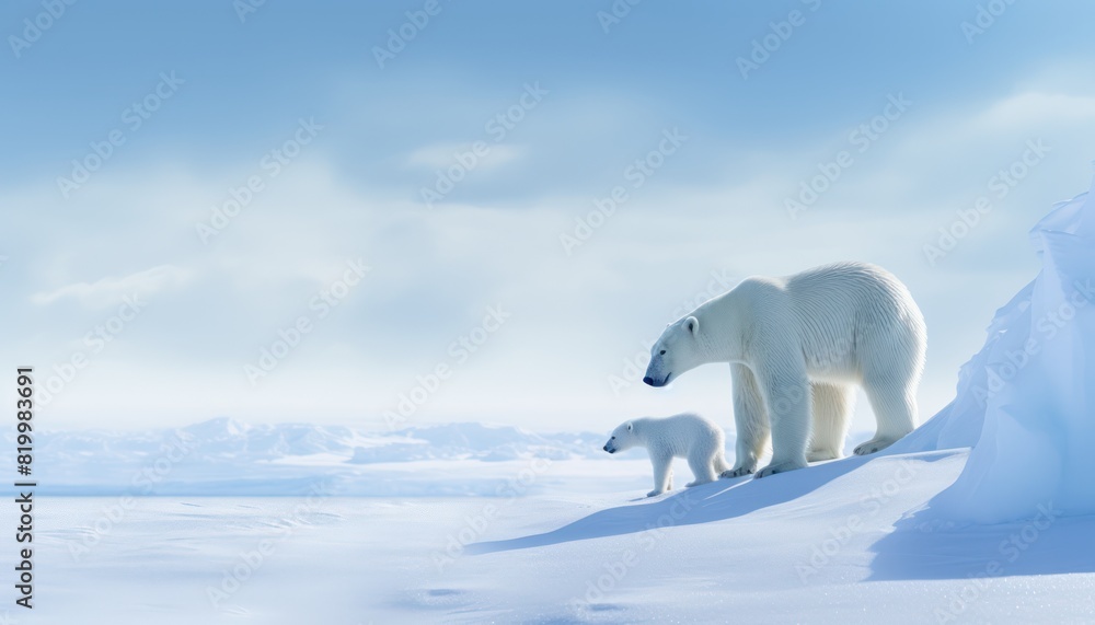 Mother and baby polar bears relax walks in extreme winter weather, polar bears family standing above snow with a view of the frost mountains Mother and baby polar bears relax walks in extreme winter weather, polar bears family standing above snow with a view of the frost mountains