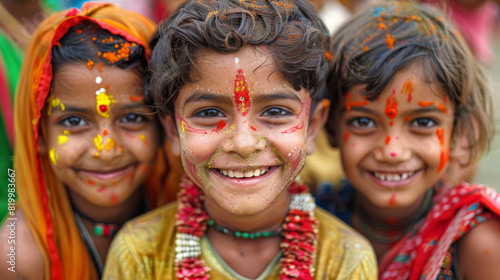 indian children covered in flower petals and vibrant vermillion celebrating a traditional holy festival photo