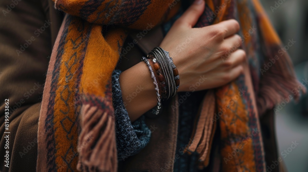 Fashionable Autumn Accessories: Woman with Scarf and Bracelets in mocha color Fashionable Autumn Accessories: Woman with Scarf and Bracelets in mocha color