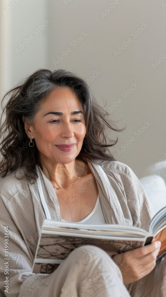 A woman with long dark hair wearing a light-colored robe sitting comfortably and reading a book with a warm smile on her face. A woman with long dark hair wearing a light-colored robe sitting comfortably and reading a book with a warm smile on her face.