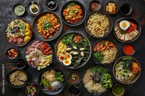 A top view of a diverse spread of Asian dishes arranged around a dark