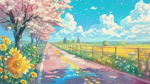 a dreaming wonderful peaceful place on earth with a road, anime manga style, generative ai technology. anime illustrations. Illustrations