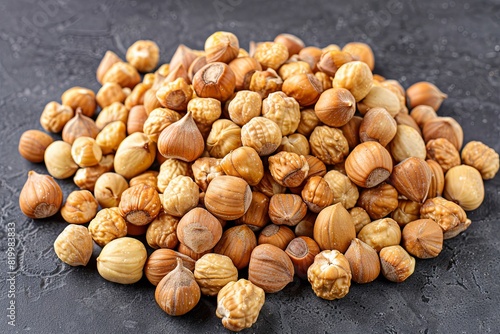 Close-up of fresh hazelnuts pile on dark background