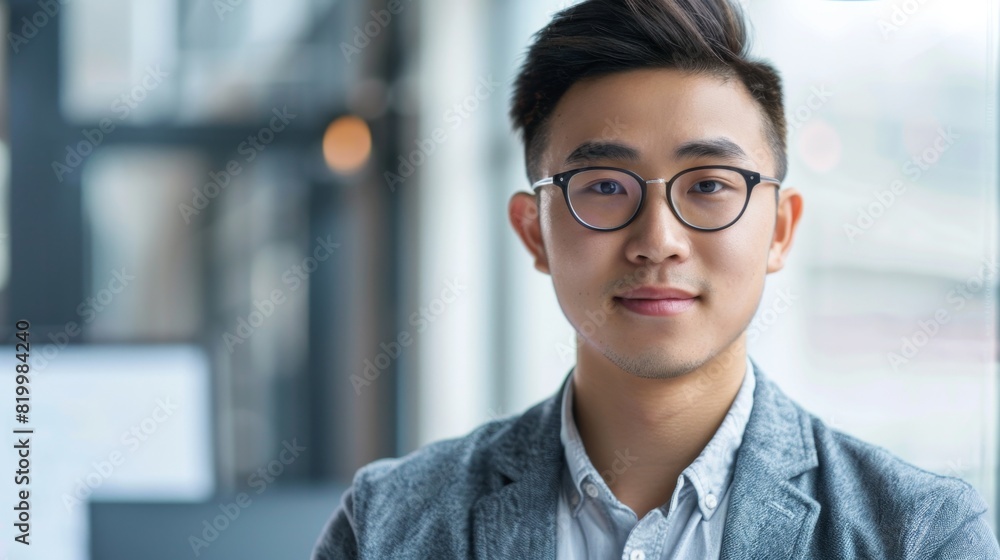 A young man with glasses wearing a blue blazer smiling at the camera in an indoor setting with blurred background. A young man with glasses wearing a blue blazer smiling at the camera in an indoor setting with blurred background.