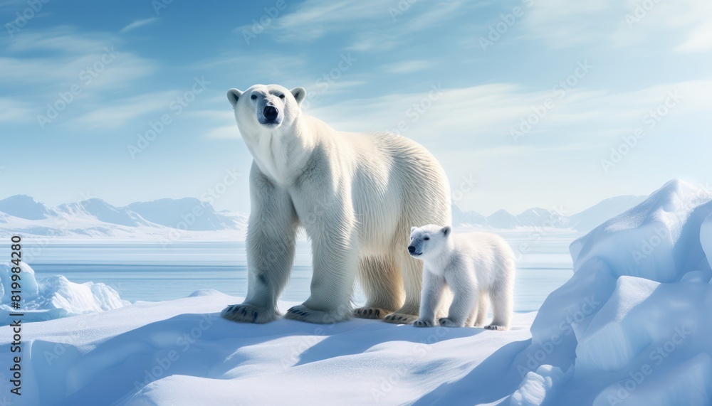 Mother and baby polar bears relax walks in extreme winter weather, polar bears family standing above snow with a view of the frost mountains Mother and baby polar bears relax walks in extreme winter weather, polar bears family standing above snow with a view of the frost mountains