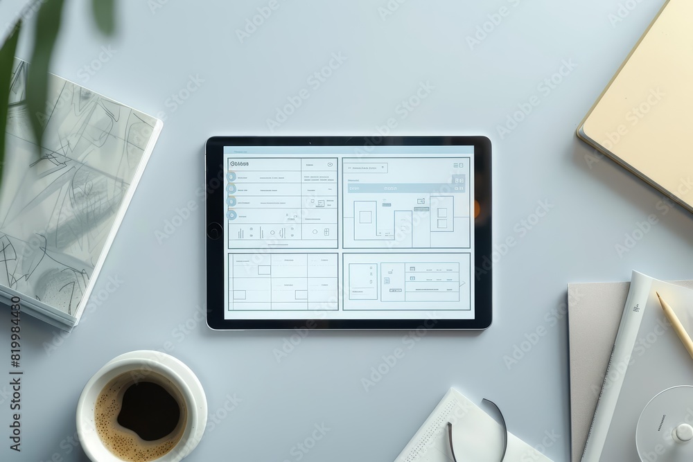 A top view of a tablet with a holographic interface displaying documents and folders A top view of a tablet with a holographic interface displaying documents and folders