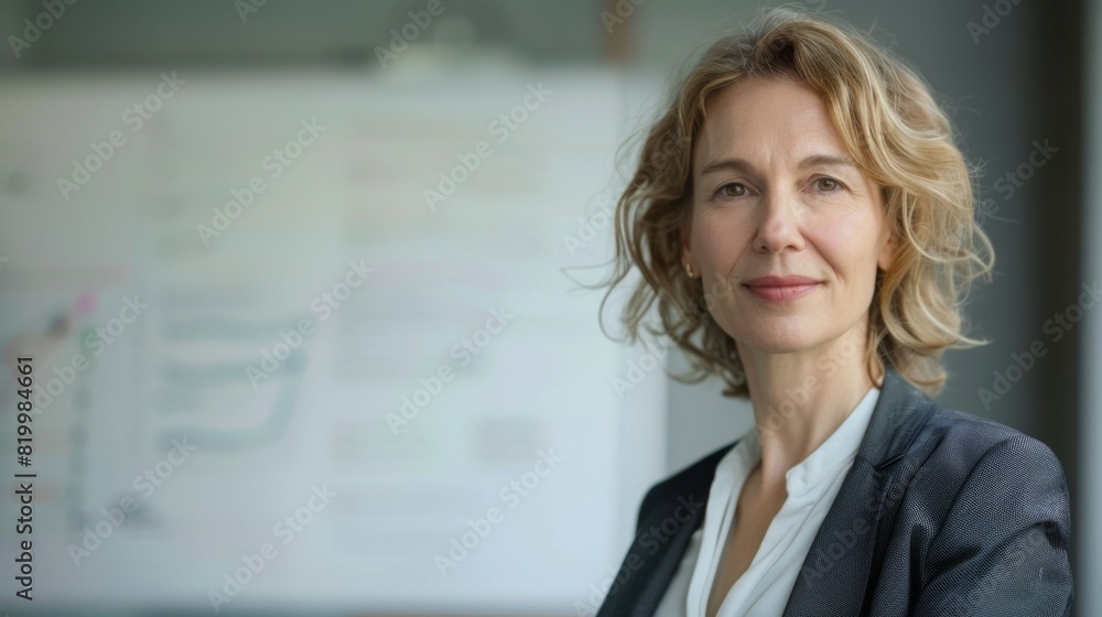 A professional woman with blonde hair wearing a dark blazer over a white shirt standing in front of a whiteboard with notes and diagrams. A professional woman with blonde hair wearing a dark blazer over a white shirt standing in front of a whiteboard with notes and diagrams.