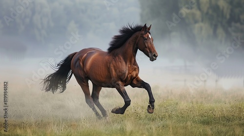 A brown horse is running in a green grassy field.