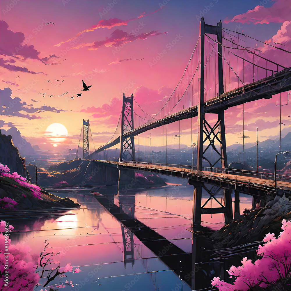 Obraz premium Pink gradient spring landscape with sunset and bridge, illustration for giclee and interior decoration,