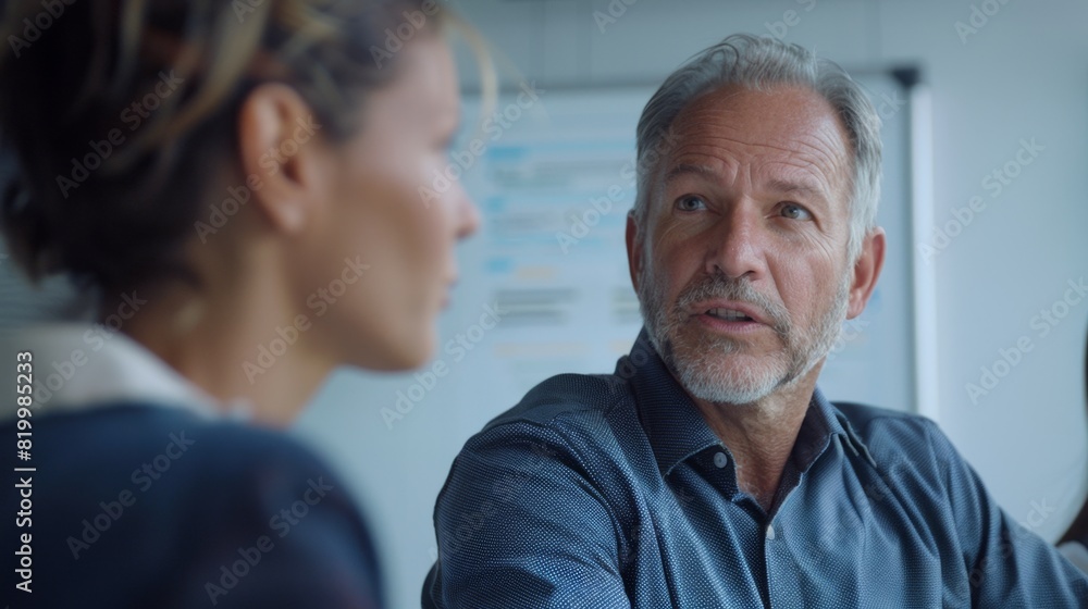 A man with a beard and gray hair wearing a blue shirt engaged in a conversation with a woman in a professional setting. A man with a beard and gray hair wearing a blue shirt engaged in a conversation with a woman in a professional setting.