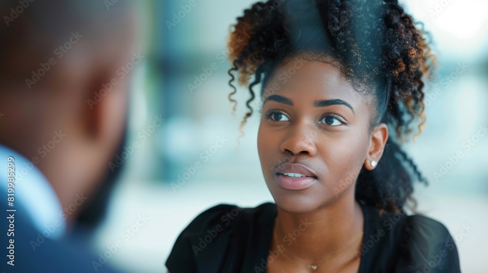A woman with curly hair and a man in a suit engage in a conversation. A woman with curly hair and a man in a suit engage in a conversation.