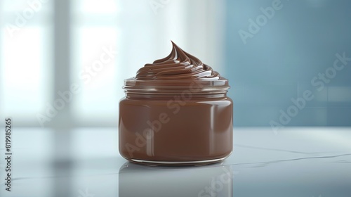 Chocolate hazelnut spread in a glass jar on a kitchen counter