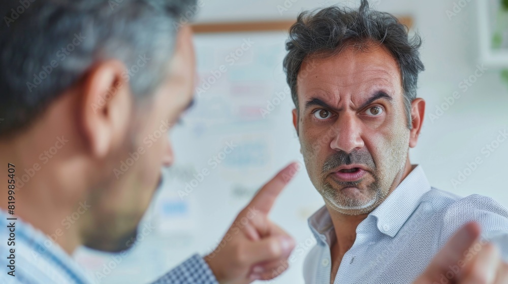 A man with a surprised expression being pointed at by another man in a meeting room. A man with a surprised expression being pointed at by another man in a meeting room.