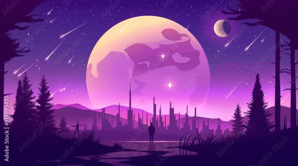 Monochrome silhouette city landscape with big moon and shooting stars. Dream cityscape 4k loop animation video on cartoon or anime style. anime illustrations. Illustrations