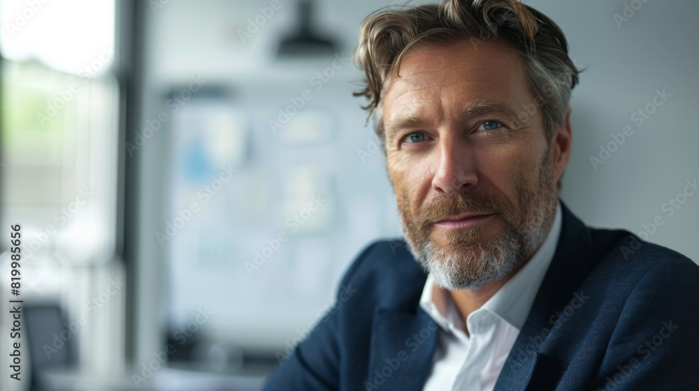 A man with a beard and graying hair wearing a suit and looking thoughtful in an office setting. A man with a beard and graying hair wearing a suit and looking thoughtful in an office setting.