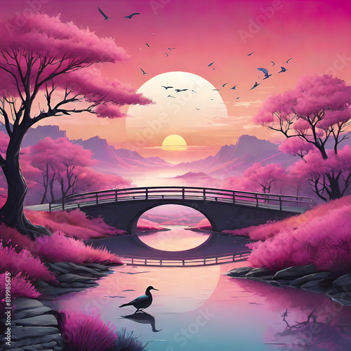 Pink gradient spring landscape with sunset and bridge, illustration for giclee and interior decoration, photo