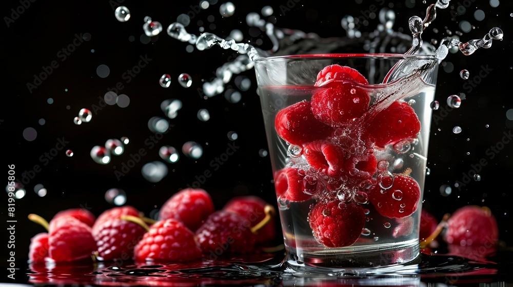Fresh raspberries splashing into glass of water on dark background Fresh raspberries splashing into glass of water on dark background