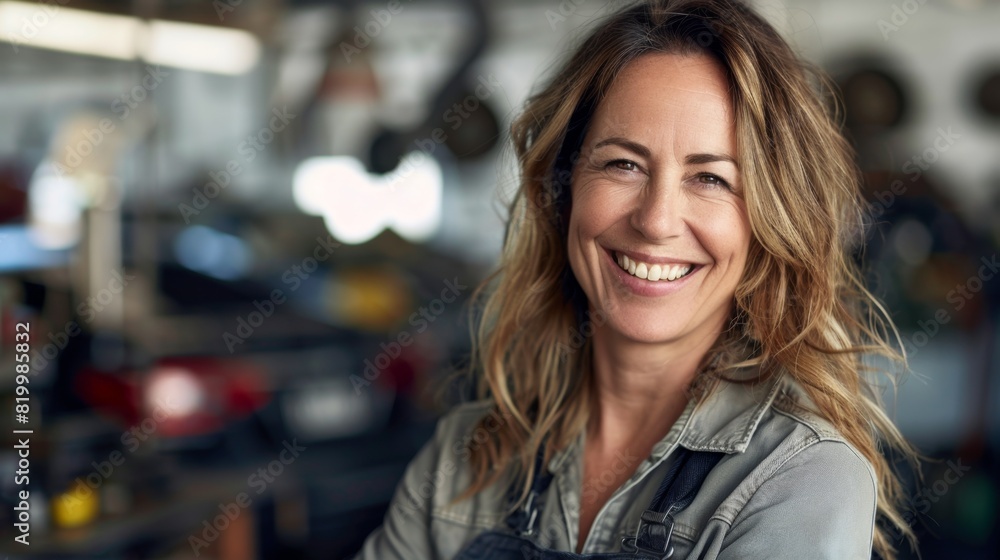 Smiling woman with long hair wearing a grey shirt and apron in a workshop setting with blurred tools and equipment in the background.