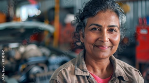 A smiling woman with dark curly hair wearing a beige jacket over a pink shirt standing in a workshop with blurred background of tools and machinery. © iuricazac