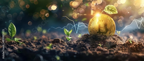 An illustrated depiction of a golden Bitcoin coin with a green plant sprouting from it
