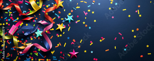 A burst of colorful short ribbons, shiny paper stars, and confetti on a deep navy blue background.