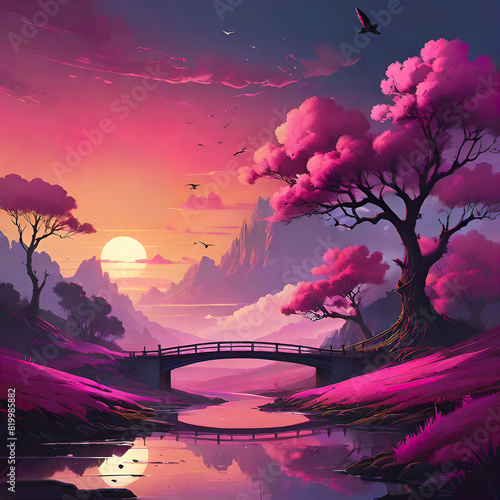 Pink gradient spring landscape with sunset and bridge, illustration for giclee and interior decoration, photo