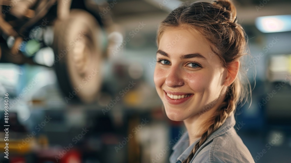 Smiling young woman with braided hair standing in a workshop with blurred background possibly a garage or repair shop. Smiling young woman with braided hair standing in a workshop with blurred background possibly a garage or repair shop.