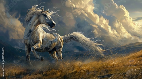A brown horse with a long flowing mane is running in a field of tall grass. The background is a light brown color.