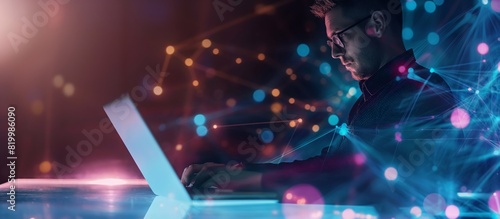 In a hightech atmosphere, a young professional is immersed in their work, focusing on their laptop in a futuristic setting surrounded by glowing dots representing innovation and digital connections