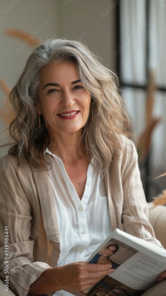 A woman with gray hair wearing a beige blazer over a white blouse smiling and holding a book with a photo of a person on the cover. A woman with gray hair wearing a beige blazer over a white blouse smiling and holding a book with a photo of a person on the cover.
