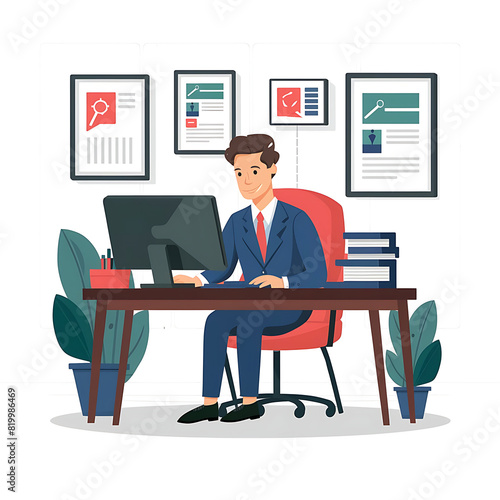 a CEO working in a private office, with a computer and documents on the desk. Flat design © Gilang