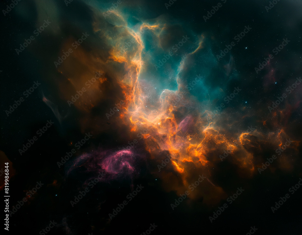 A long, orange, glowing line of fire in space. The fire is surrounded by a blue-violet sky. Realistic space. Infinity of space and time. Wallpaper.