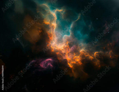 A long, orange, glowing line of fire in space. The fire is surrounded by a blue-violet sky. Realistic space. Infinity of space and time. Wallpaper. © Georgy