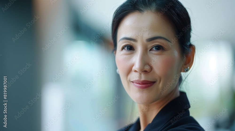 Asian woman with a gentle smile wearing a black blazer looking slightly to her left with a blurred background suggesting an indoor setting.