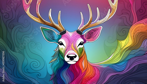 Colorful deer with continuous one line style.
