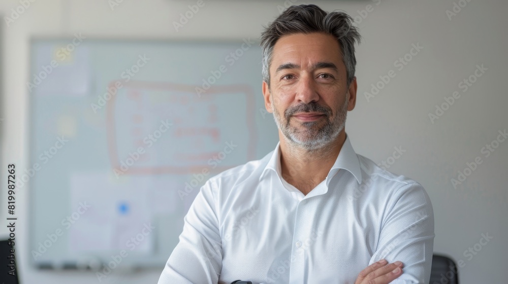 Obraz premium A man with a beard and gray hair wearing a white shirt standing in an office with a whiteboard in the background.